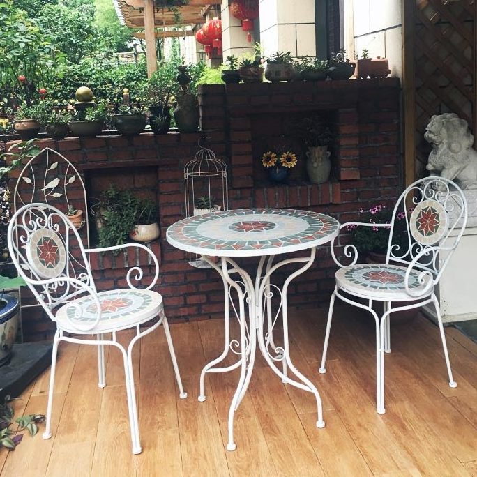 Antique Boho Restaurant Exterior Patio Garden Furniture Ceramic Tile Table Chairs For 4