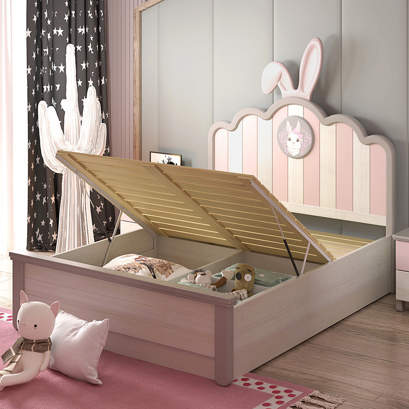 New Cute Cartoon Children Bedroom Furniture Bunny Ears Headboard Pink Kid Bed For Girl Princess