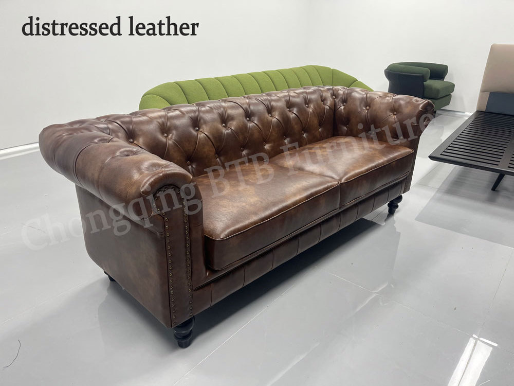 Vintage Mid Century American Style Brown Couch Roll Arm Tan Leather Chesterfield Sofa Set