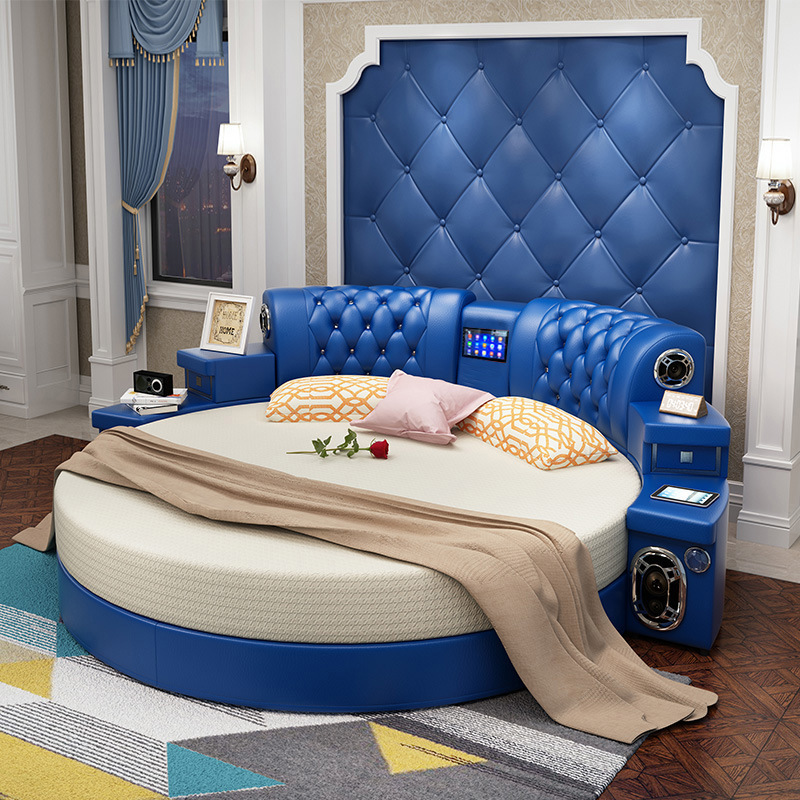 European Design Media Leather Bedroom Furniture King Size Platform Tufted Round Smart Bed