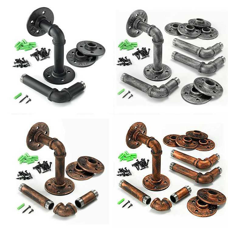 Retro Style Custom Support Metal Industrial Pipe Shelving Mounting Floating Shelves Cast Iron Pipe Wall Shelf Plumbing Brackets