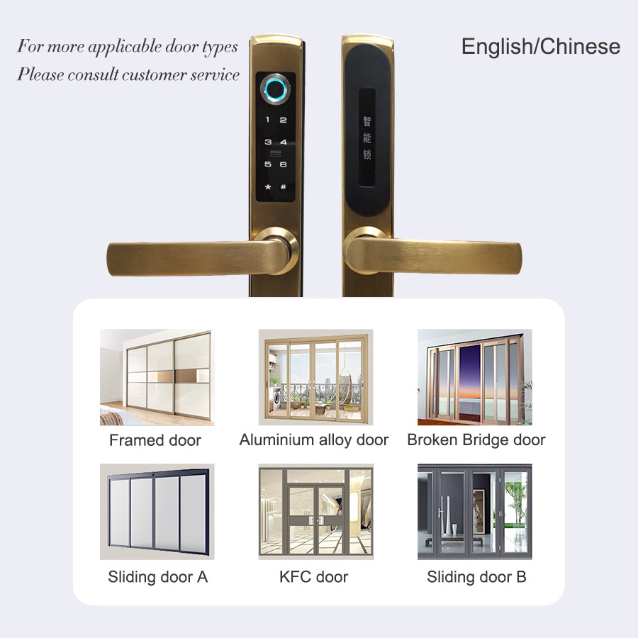 Golden Fingerprint Interior Biometric Office Sliding Glass Aluminium Gold Color Digital Smart Door Handles Locks for Door