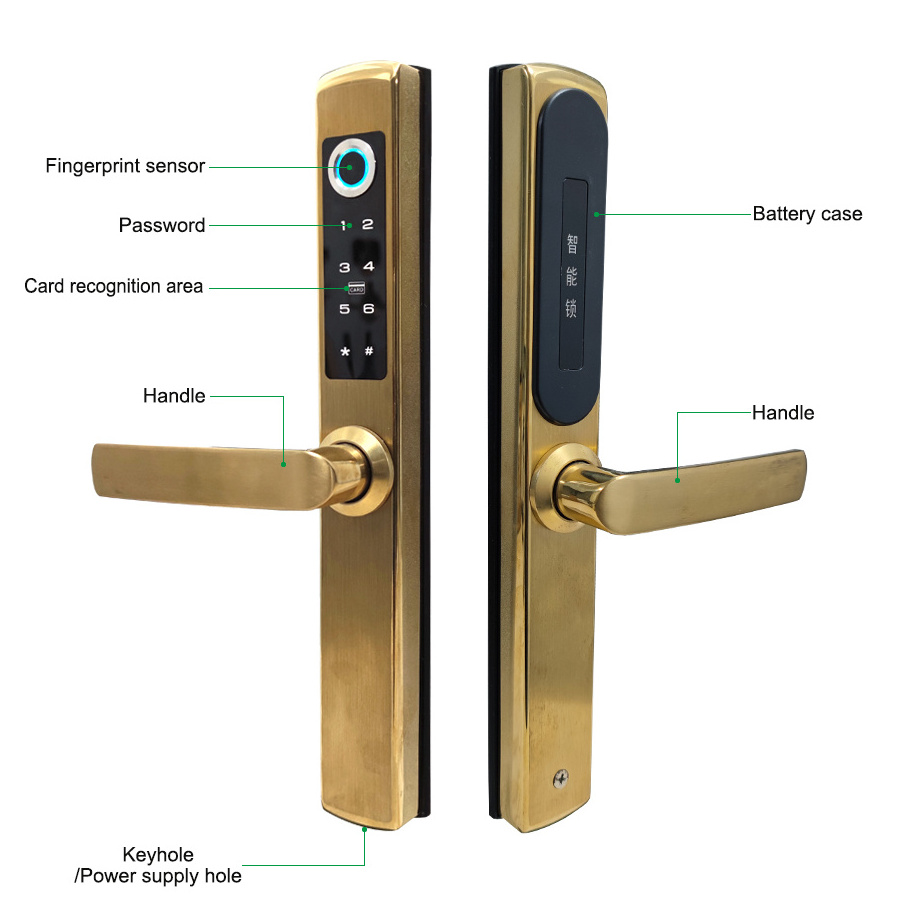 Golden Fingerprint Interior Biometric Office Sliding Glass Aluminium Gold Color Digital Smart Door Handles Locks for Door