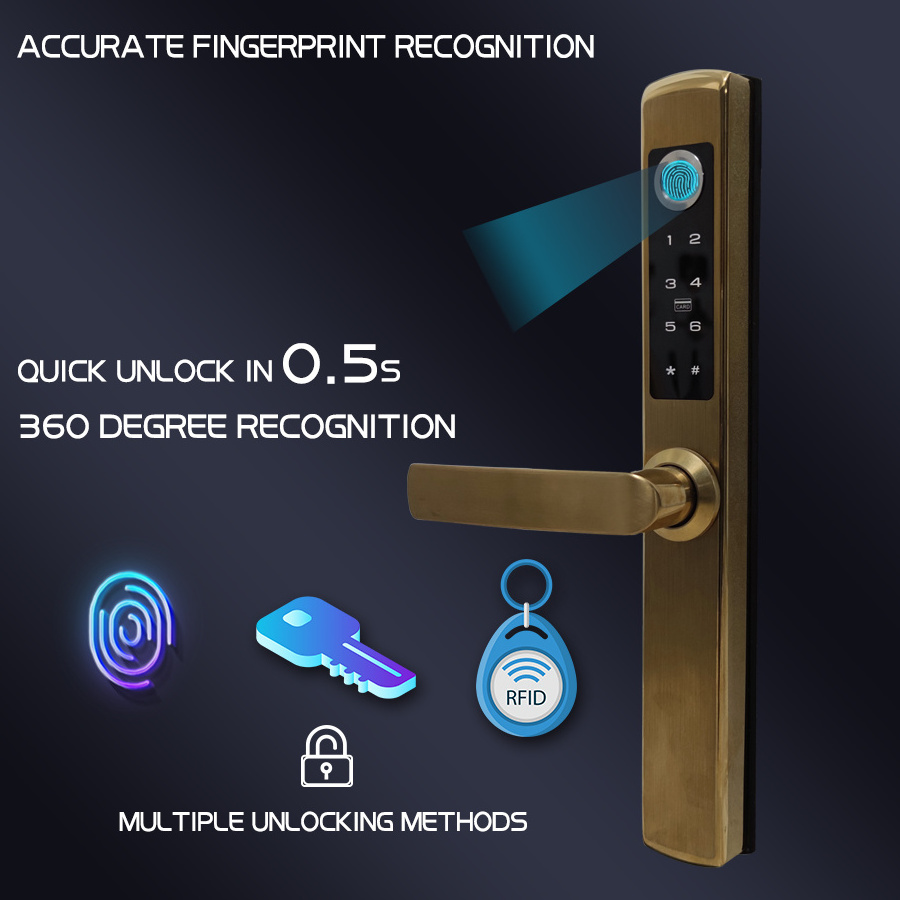 Golden Fingerprint Interior Biometric Office Sliding Glass Aluminium Gold Color Digital Smart Door Handles Locks for Door