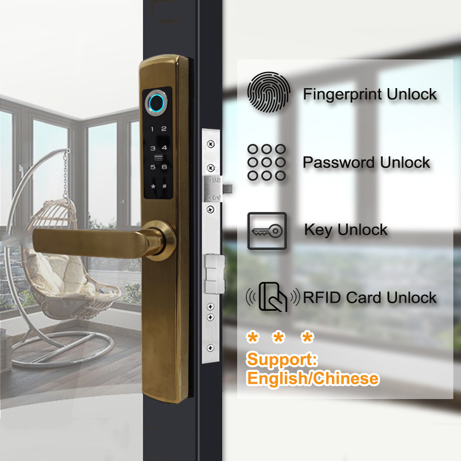 Golden Fingerprint Interior Biometric Office Sliding Glass Aluminium Gold Color Digital Smart Door Handles Locks for Door