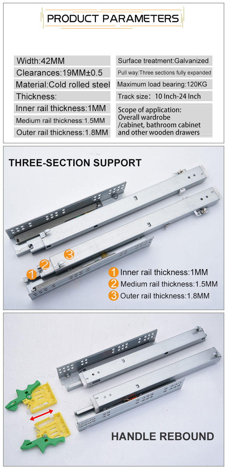 Heavy Duty Full Triple 2 3 Fold Extension Under Bottom Mount Concealed Self Closing Kitchen Soft Close Undermount Drawer Slides