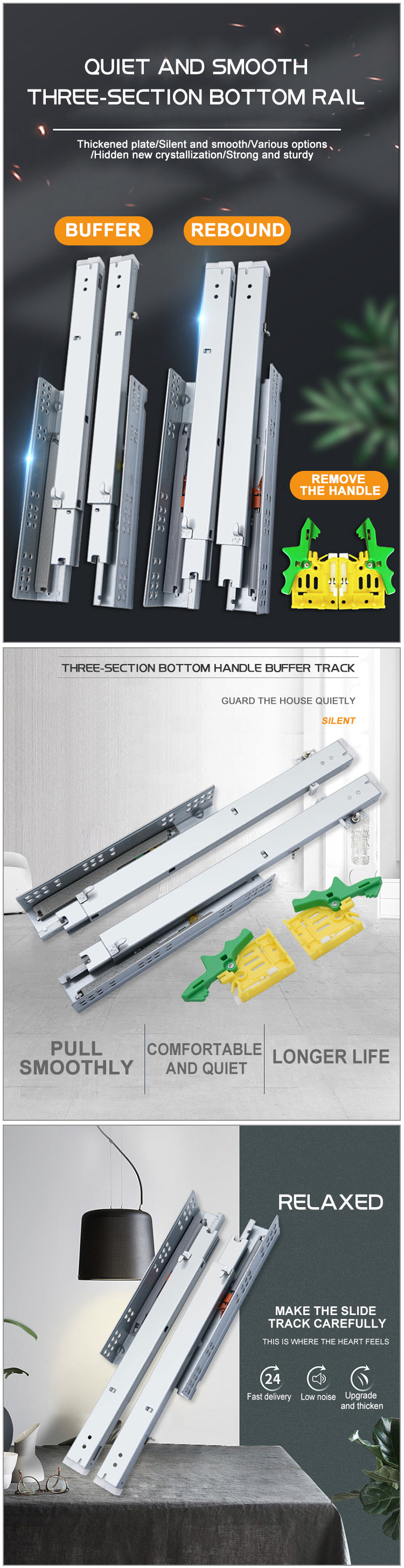 Heavy Duty Full Triple 2 3 Fold Extension Under Bottom Mount Concealed Self Closing Kitchen Soft Close Undermount Drawer Slides