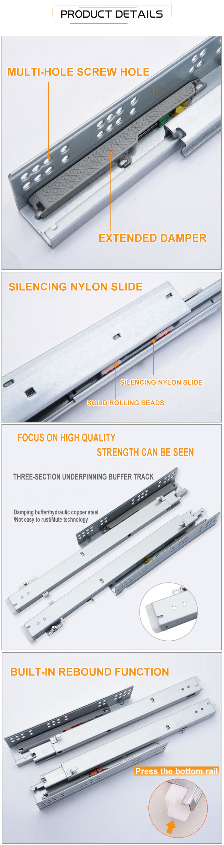 Heavy Duty Full Triple 2 3 Fold Extension Under Bottom Mount Concealed Self Closing Kitchen Soft Close Undermount Drawer Slides