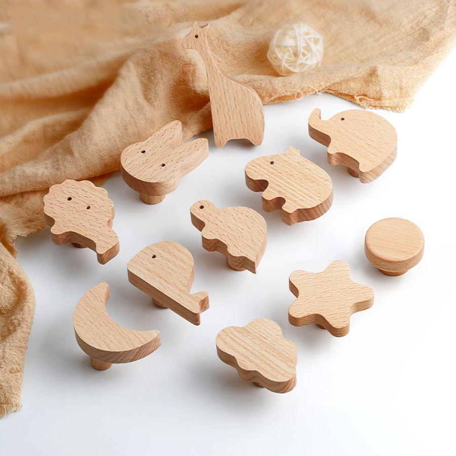 Wood Handle Knob Cartoon Animal Shape Cupboard Wardrobe Cabinet Drawer Door Solid Wooden Handles Knobs for Kids Furniture