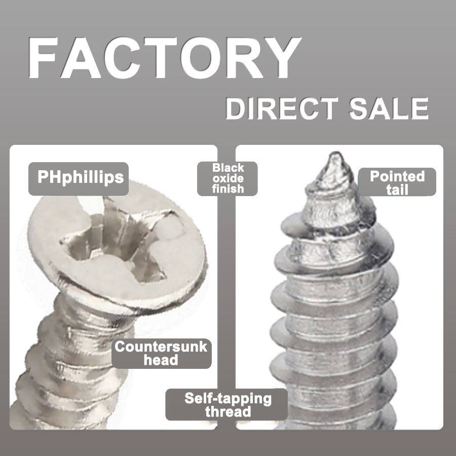 KA Cross Recessed Countersunk Head Self-tapping Screw Black Sliver Carbon Steel Self Tapping Wood Screws