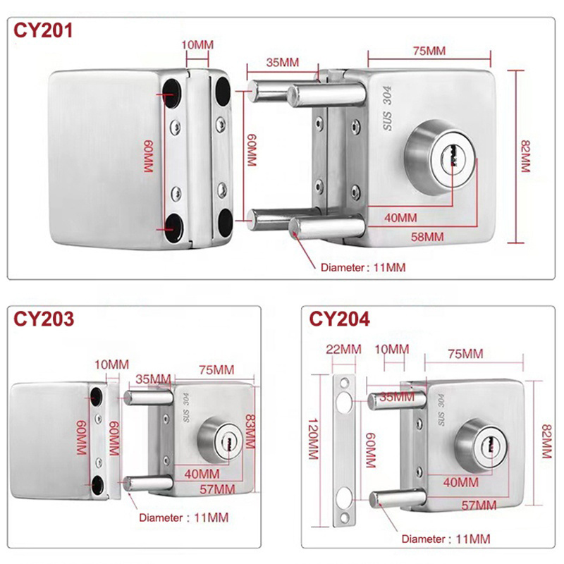 Custom Stainless Steel Double Sided Sliding Frameless Glass Door Swing Center Lock with Keys for Sliding Glass Gate