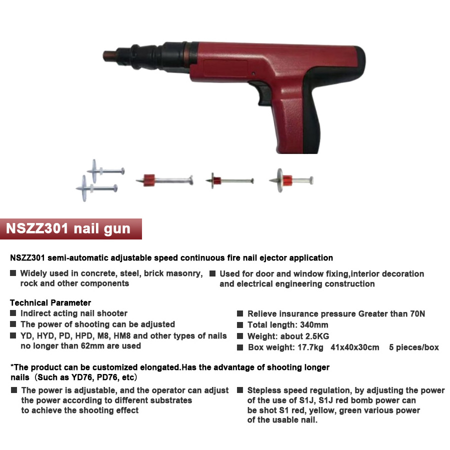 NSZZ301Semi-automatic Strong Insulation Actuated Pistol Nailer Wall Concrete Cartridge Nails Shooting Gun Powder Tool