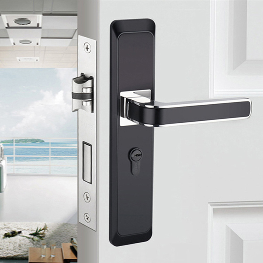 Contemporary Alloy Thick Door Plate Lock Handle Chrome and Black Silent Door Lock Handle for House Construction with Key