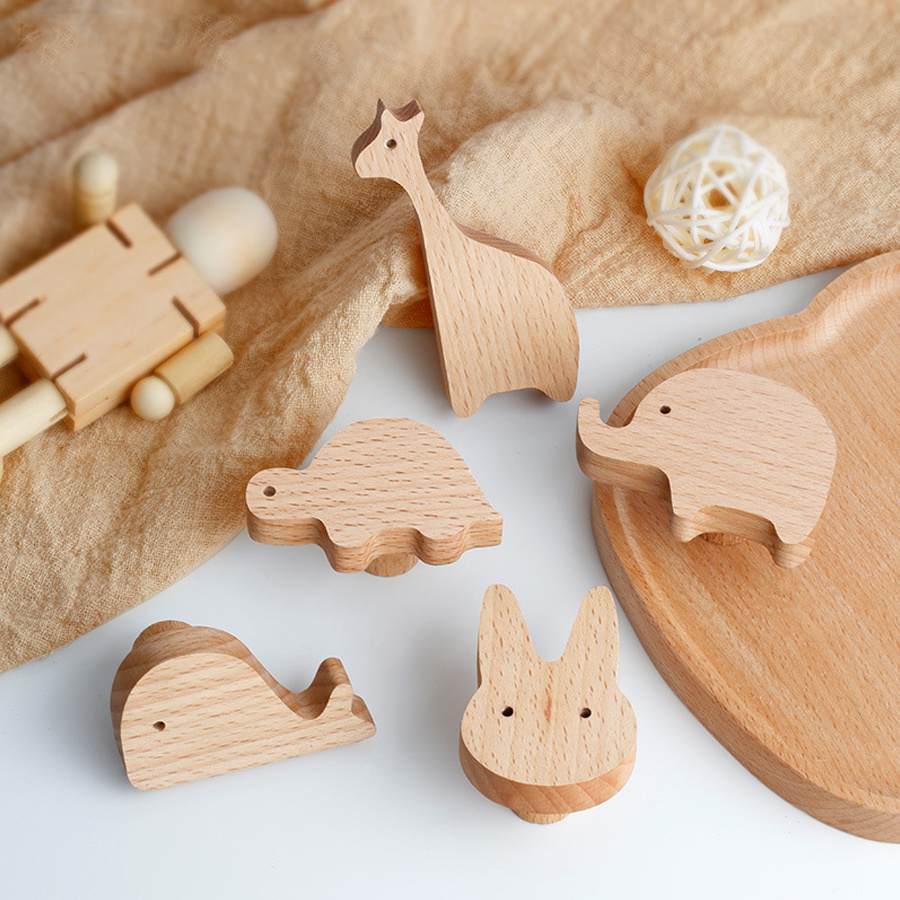 Wood Handle Knob Cartoon Animal Shape Cupboard Wardrobe Cabinet Drawer Door Solid Wooden Handles Knobs for Kids Furniture