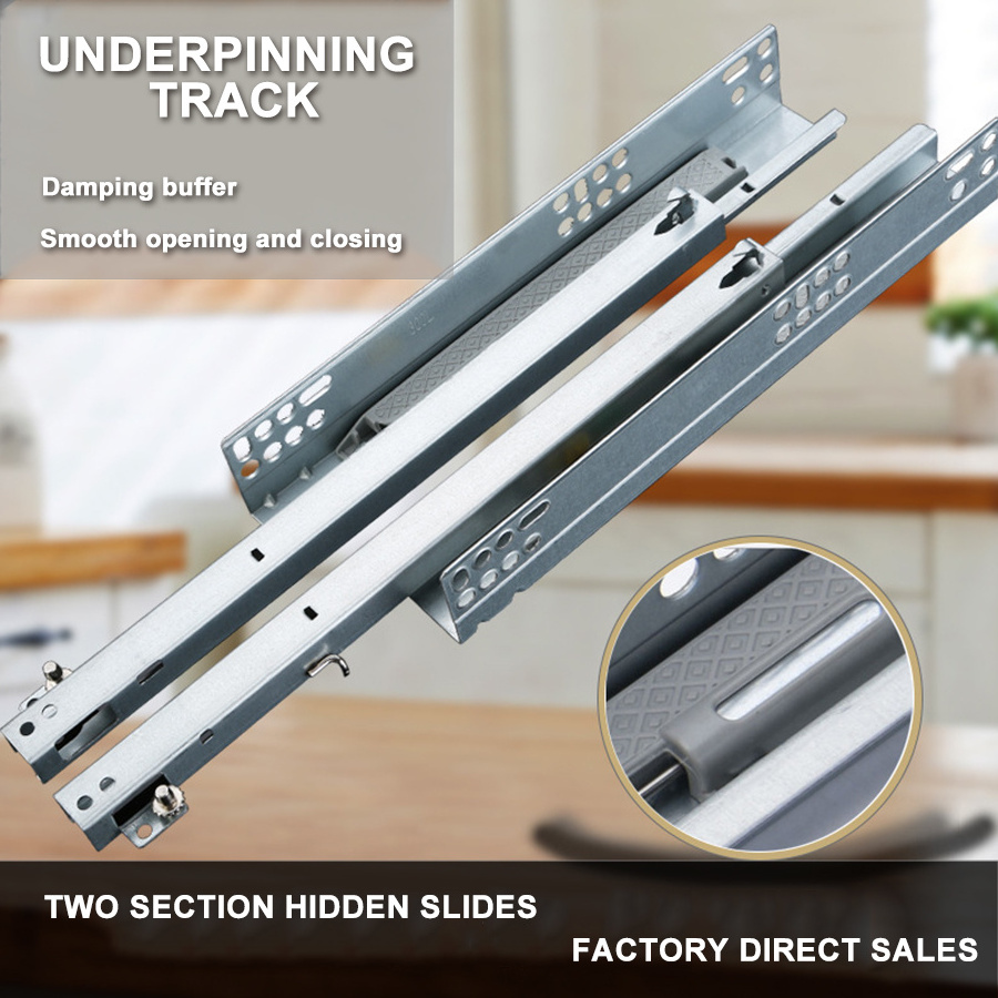 Custom Bottom Hidden Two Sections Damping Silent Buffer Self-priming Undermount Double Telescopic Cabinets Drawer Rails Slides