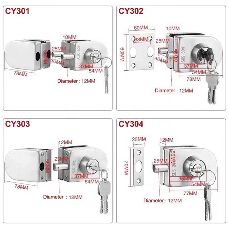 Custom Stainless Steel Double Sided Sliding Frameless Glass Door Swing Center Lock with Keys for Sliding Glass Gate