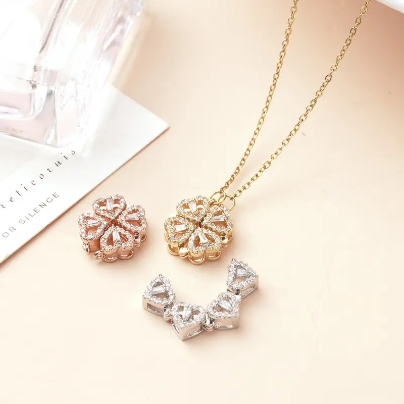 Crystal Gold Plated Lucky four heart magnet necklace Shape Removable Rotating Pendant Necklace Jewelry For Women