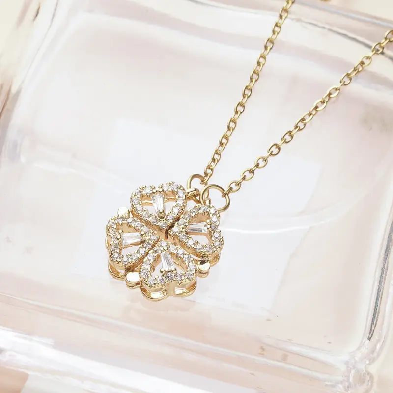 Crystal Gold Plated Lucky four heart magnet necklace Shape Removable Rotating Pendant Necklace Jewelry For Women