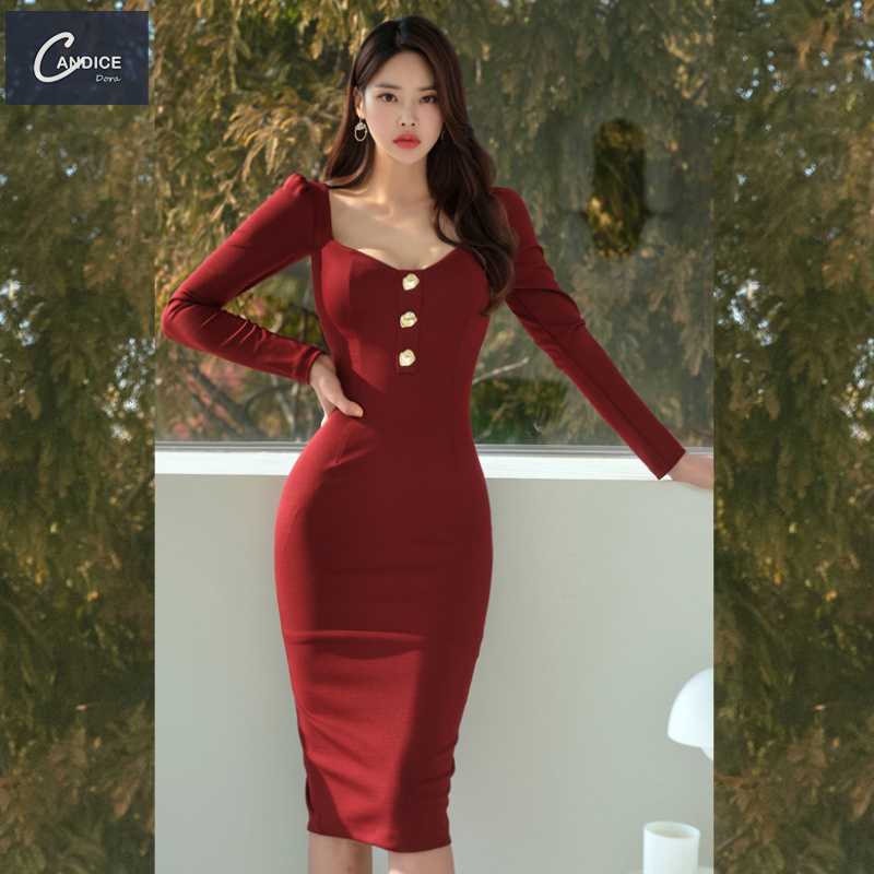 Candice Korean style fashionable slim square neck knee length wine red wrap bodycon dress 2023