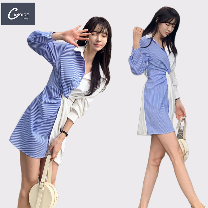 Candice spring summer 2023 elegant thin twisted white blue chic shirt stitch stripe dress