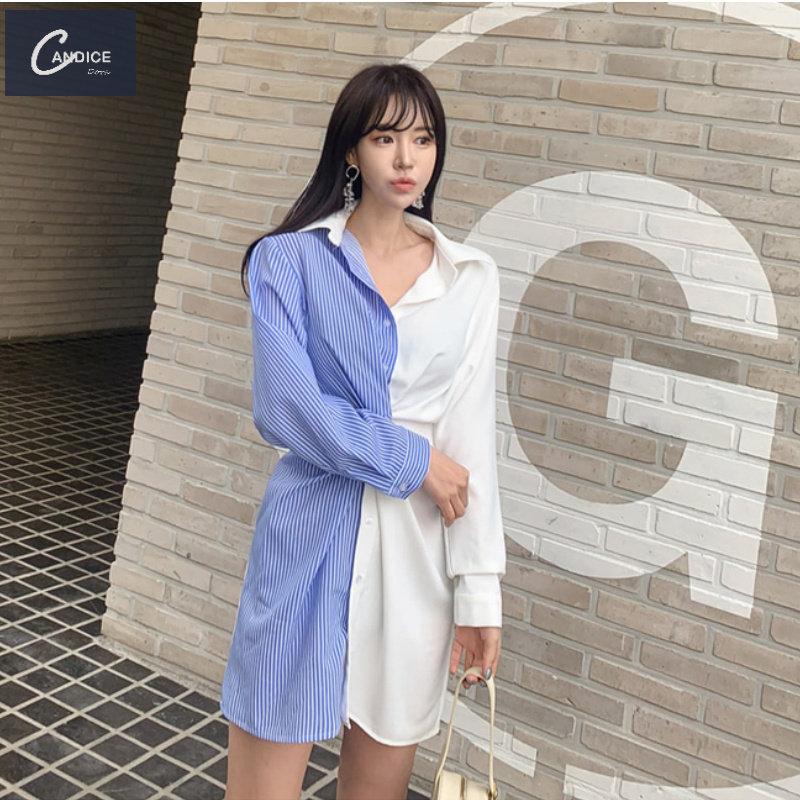 Candice spring summer 2023 elegant thin twisted white blue chic shirt stitch stripe dress