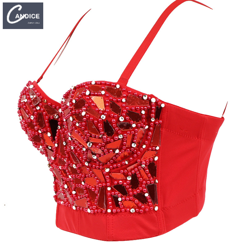 Candice summer adjustable shoulder club luxury sexy rhinestone with beaded bustiers sequined top fashion corset and buster