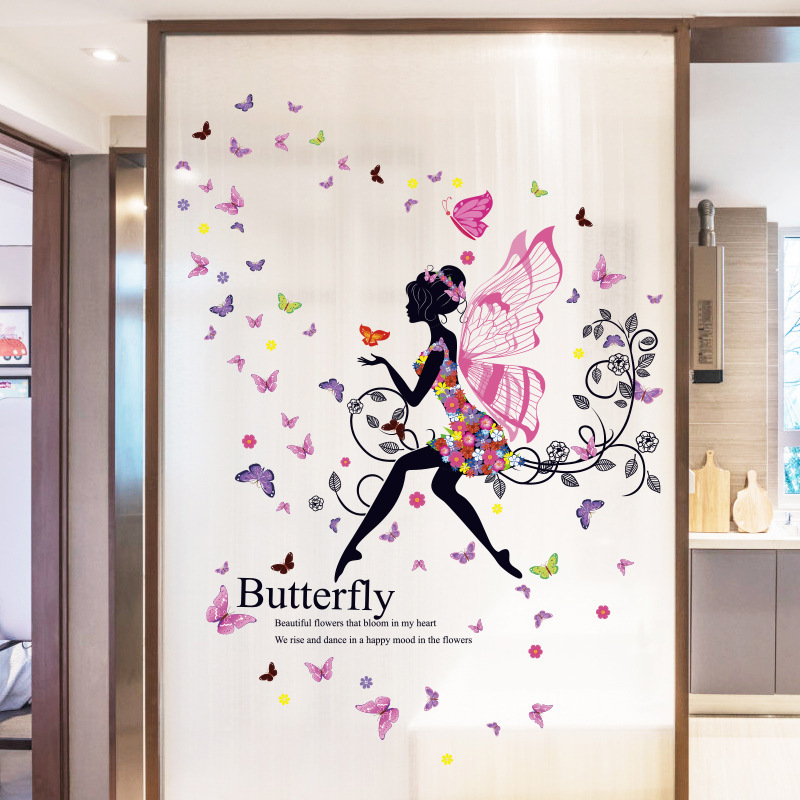 Flower Fairy Decoration Back Sticker Girl Elf Butterflies Bedroom Sticker Waterproof DIY Home Wall Decals Room Wallpaper