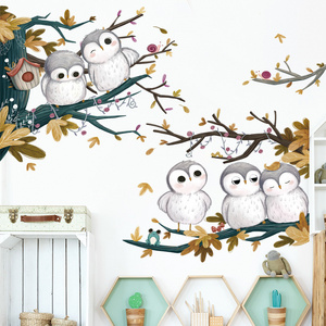 Cartoon Cute Animal Owl and Autumn Tree Wall Waterproof Decal Kindergarten Classroom Children'S Room Decoration Wall Sticker