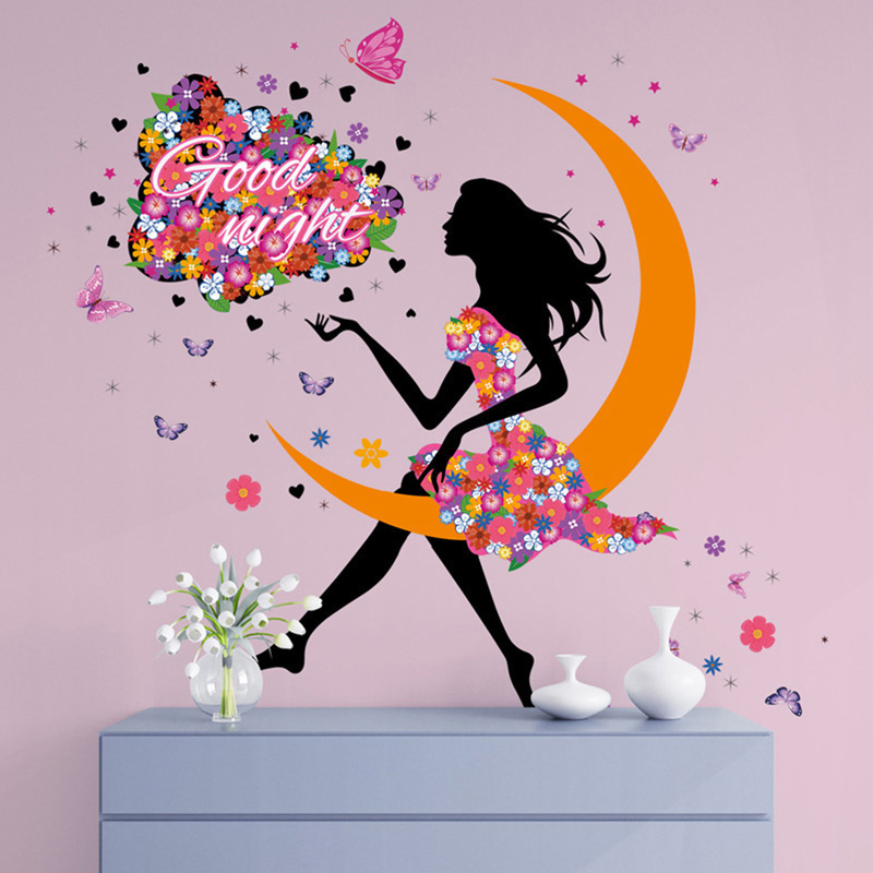 Flower Fairy Wall Sticker DIY Good Night girl silhouette flower butterfly design Wallpaper Decor PVC Removable Stickers