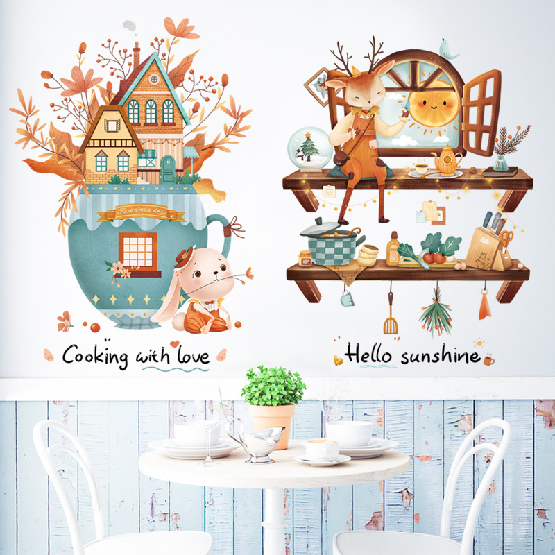 Cartoon Animal Sika Deer Stickers Kitchen Small Object Stickers Children'S Room DIY Home Wall Decals Room Wallpaper Decor