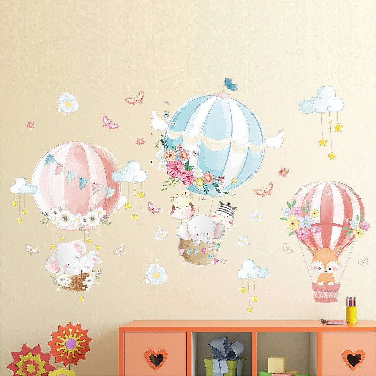 Popular Simplicity Hot Air Balloon Elephant Night Sky Design Wall Paper Sticker 3D