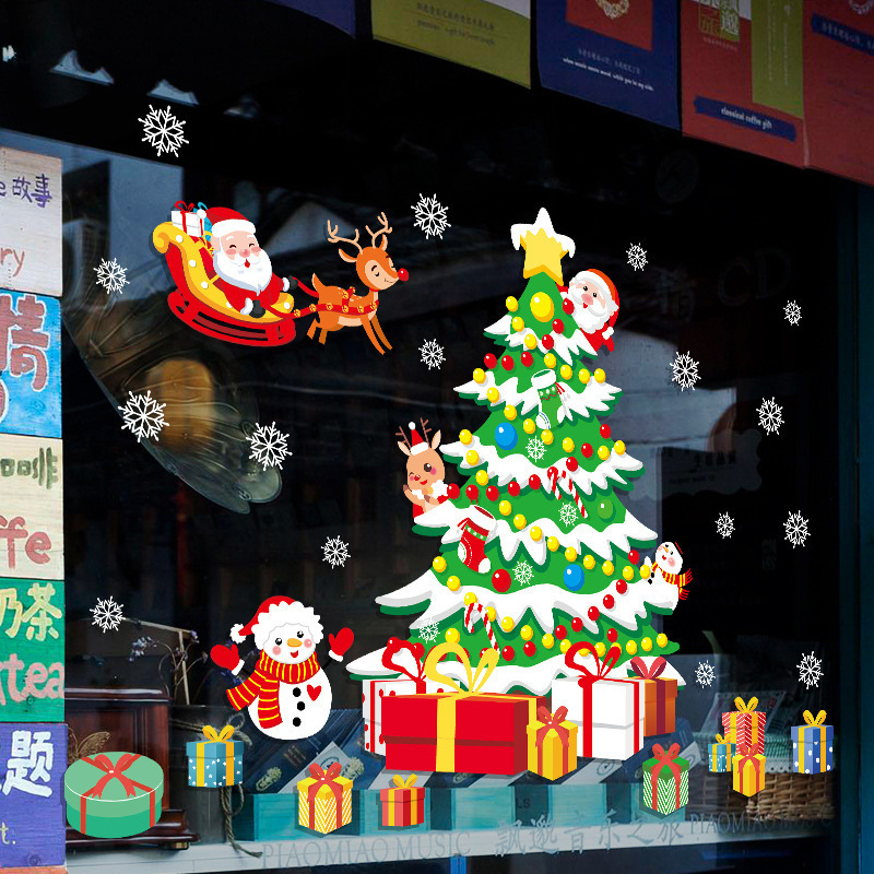 Christmas New Year wall stickers cartoon Christmas tree gift store window removable  stickers