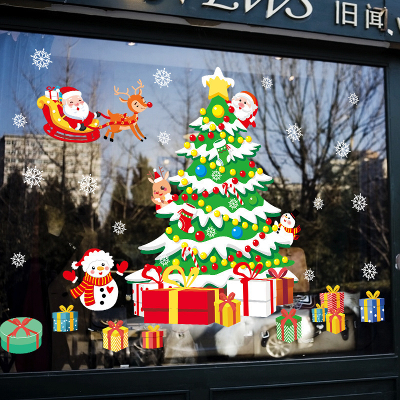 Christmas New Year wall stickers cartoon Christmas tree gift store window removable  stickers