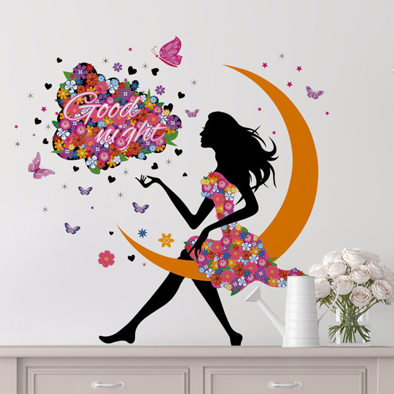 Flower Fairy Wall Sticker DIY Good Night girl silhouette flower butterfly design Wallpaper Decor PVC Removable Stickers