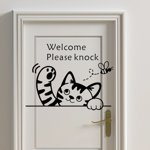 Cat Welcome Please Knock Door Wall Sticker DIY Home Wall Decals Room Wallpaper Decor PVC Removable Stickers