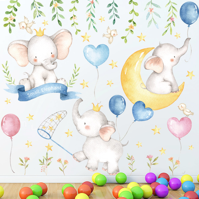 Cartoon Cute baby elephant and balloon Wall Sticker DIY Home Wall Decals Kids Room Wallpaper Decor