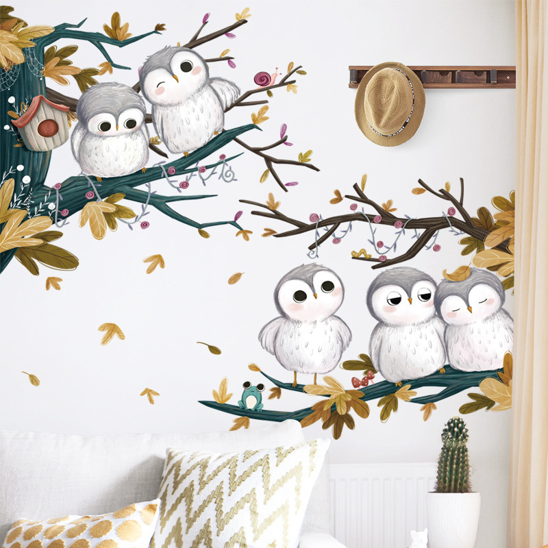 Cartoon Cute Animal Owl and Autumn Tree Wall Waterproof Decal Kindergarten Classroom Children'S Room Decoration Wall Sticker