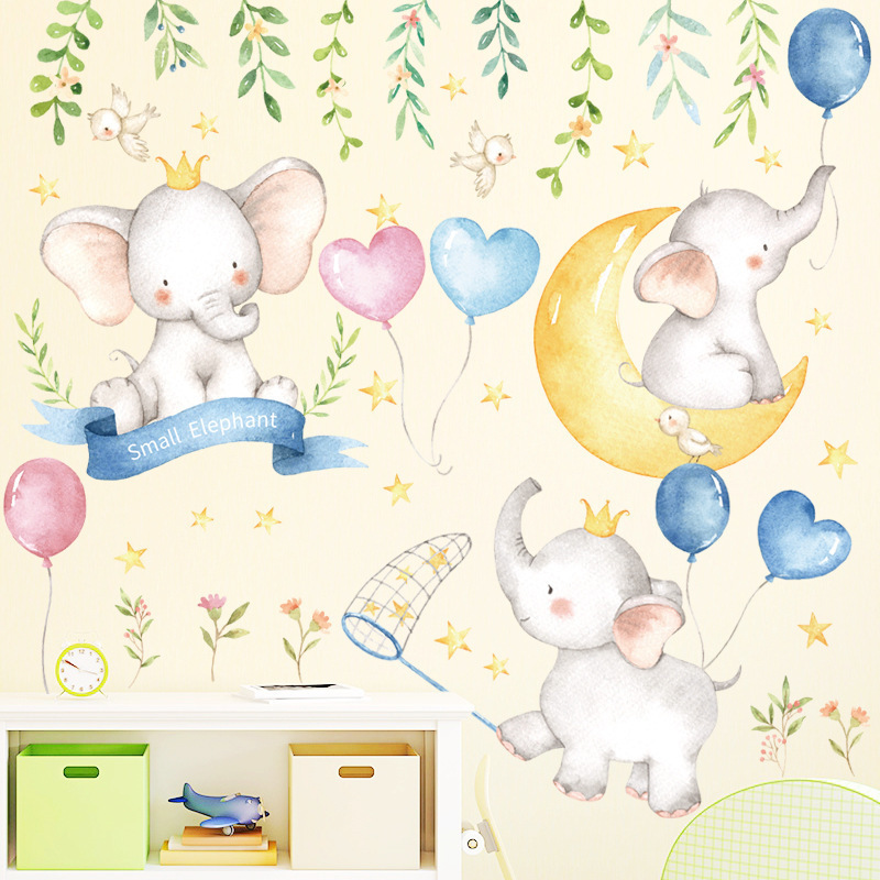 Cartoon Cute baby elephant and balloon Wall Sticker DIY Home Wall Decals Kids Room Wallpaper Decor