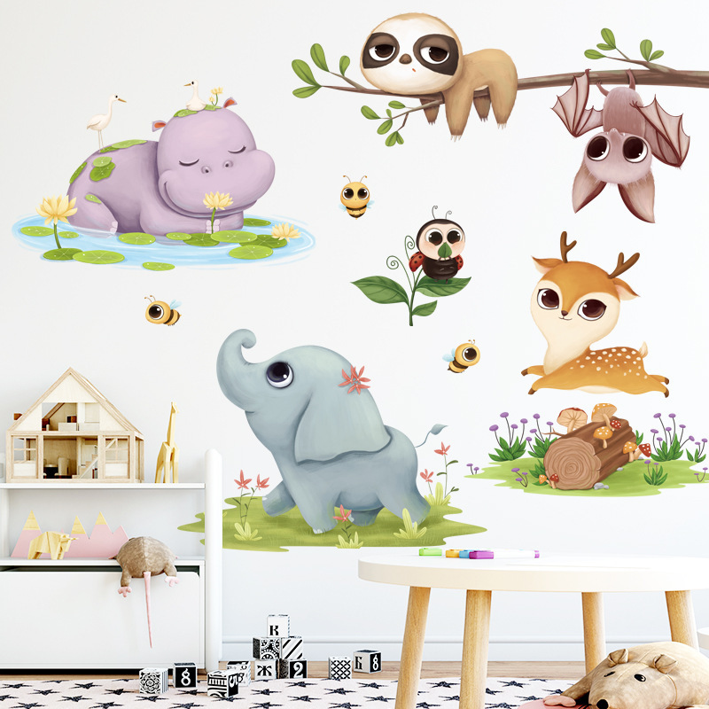 Cartoon Animal Stickers Children'S Room Wall Decoration Stickers Elephant Deer Cute Wall Sticker DIY Home Wall Decals