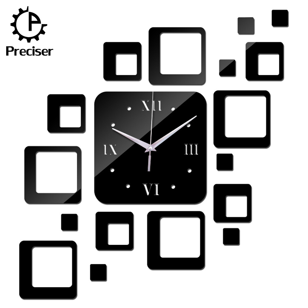 Preciser Qulilty European Personality Design 3D Square Mirror Wall Clock