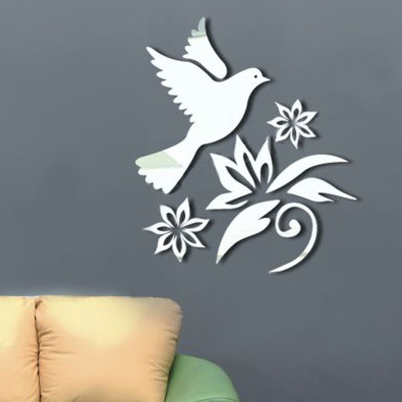 Laser Cutting Birds Flower 3D Home Mirror Wall Stickers Acrylic DIY Sticker