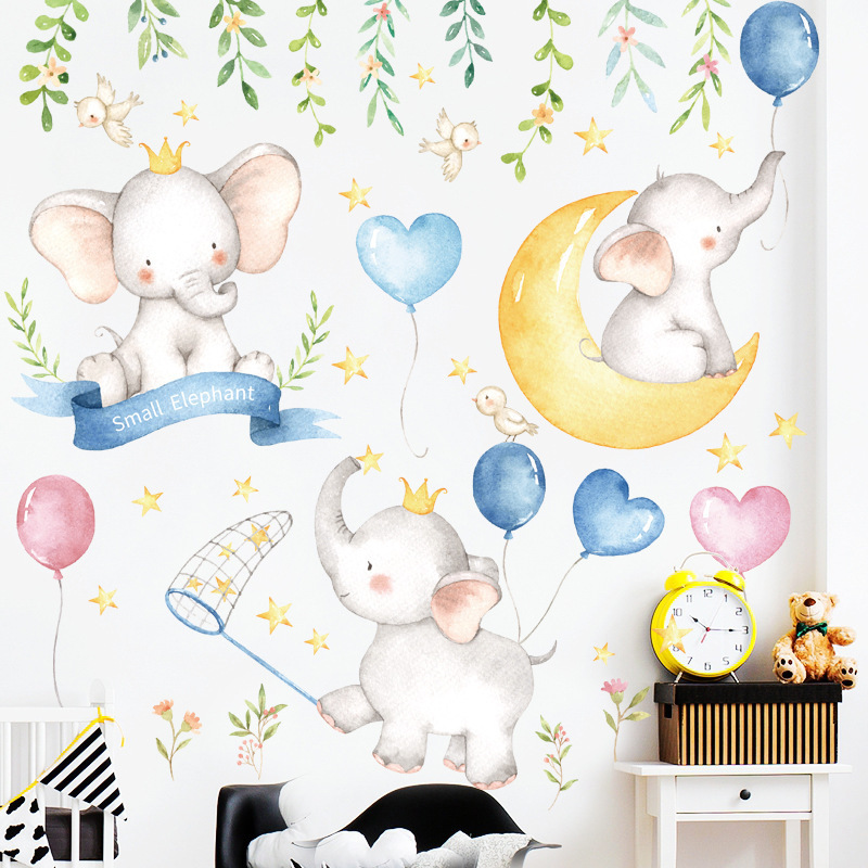 Cartoon Cute baby elephant and balloon Wall Sticker DIY Home Wall Decals Kids Room Wallpaper Decor