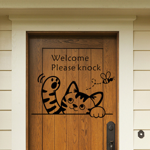 Cat Welcome Please Knock Door Wall Sticker DIY Home Wall Decals Room Wallpaper Decor PVC Removable Stickers