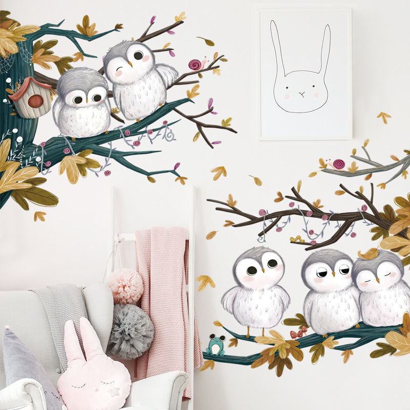 Cartoon Cute Animal Owl and Autumn Tree Wall Waterproof Decal Kindergarten Classroom Children'S Room Decoration Wall Sticker