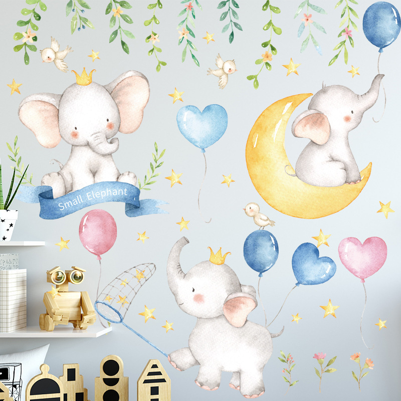 Cartoon Cute baby elephant and balloon Wall Sticker DIY Home Wall Decals Kids Room Wallpaper Decor