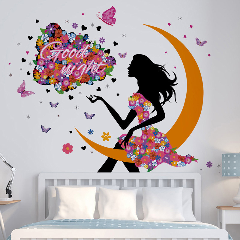 Flower Fairy Wall Sticker DIY Good Night girl silhouette flower butterfly design Wallpaper Decor PVC Removable Stickers