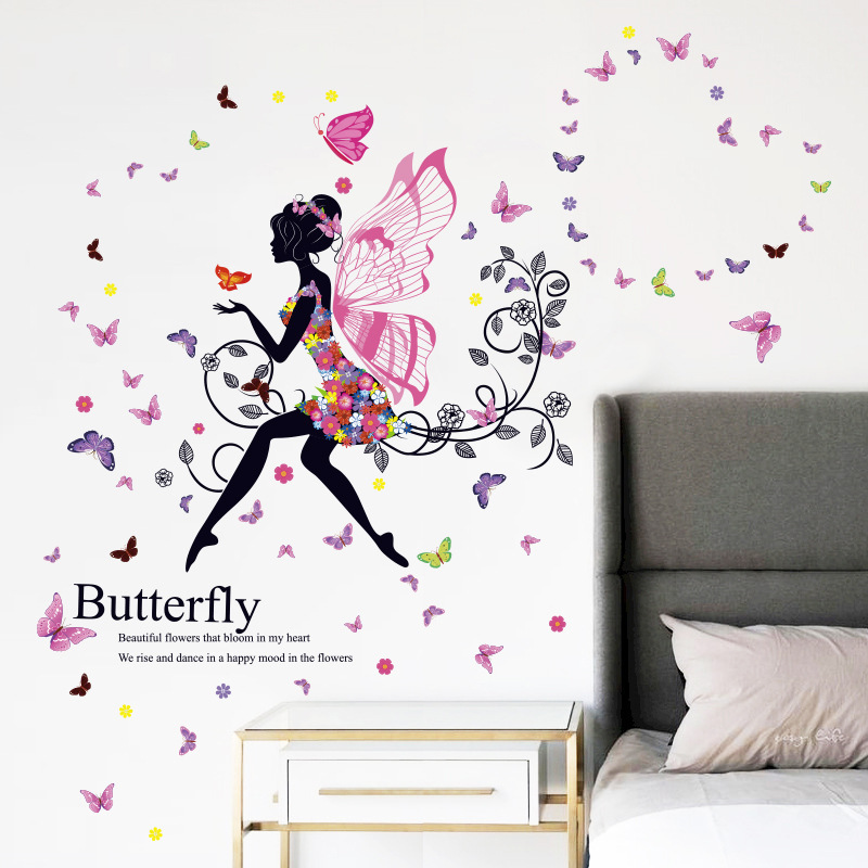 Flower Fairy Decoration Back Sticker Girl Elf Butterflies Bedroom Sticker Waterproof DIY Home Wall Decals Room Wallpaper