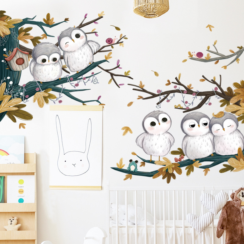 Cartoon Cute Animal Owl and Autumn Tree Wall Waterproof Decal Kindergarten Classroom Children'S Room Decoration Wall Sticker