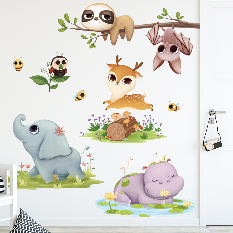 Cartoon Animal Stickers Children'S Room Wall Decoration Stickers Elephant Deer Cute Wall Sticker DIY Home Wall Decals