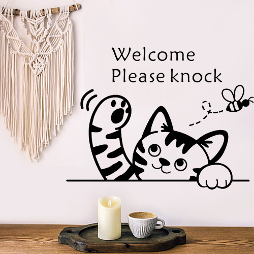 Cat Welcome Please Knock Door Wall Sticker DIY Home Wall Decals Room Wallpaper Decor PVC Removable Stickers